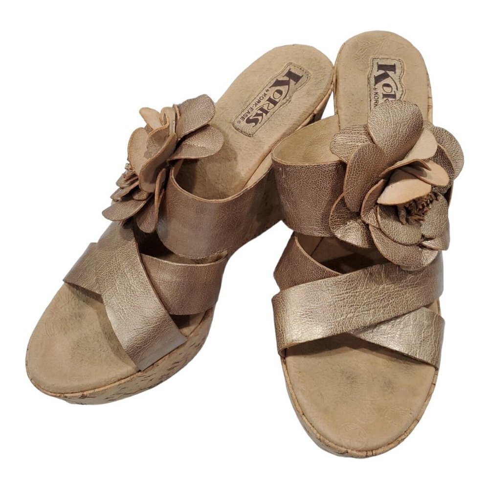 Kork-Ease Womens Rose Gold Leather Platform Wedge Sandals Sz 10/42 Flora…